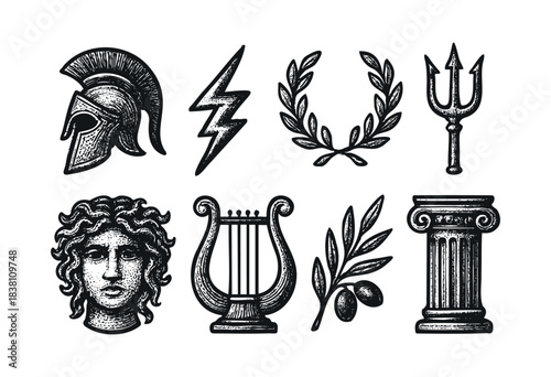 Ancient Greece engraved icons : Spartan helmet, laurel wreath, and other Greek mythology and history symbols — stock vector.