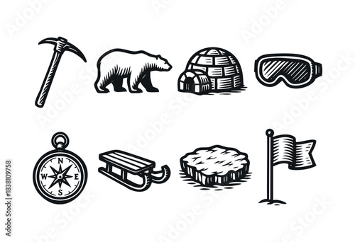 Arctic expedition engraved icons : polar bear, igloo, and other north pole exploration symbols — stock vector.