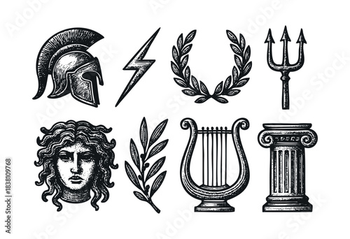 Ancient Greece engraved icons : Spartan helmet, laurel wreath, and other Greek mythology and history symbols — stock vector.