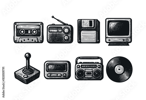 Retro technology engraved icons : cassette tape, joystick, and other vintage 80s and 90s electronics — stock vector.