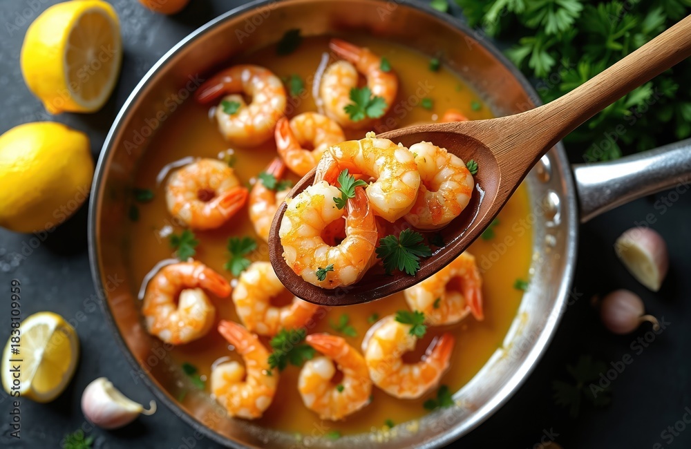 Fototapeta premium Fresh shrimp cooked in garlic butter sauce with lemon and parsley. Served in pan with spoon of cooked prawns. Delicious seafood meal ready to eat.