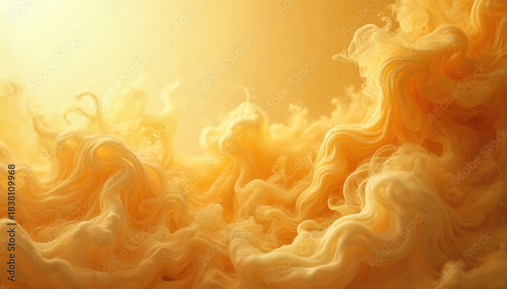 Fototapeta premium Yellow smoke plumes swirl and drift creating abstract patterns. Soft light illuminates fluid forms. Wispy textures blend in bright, airy shapes.