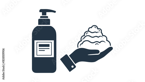 Hand Holding Foam Dispenser Bottle With Rich Lather Foam In Dark Blue Silhouette Style On Black Background Cleanliness Hygiene Concept