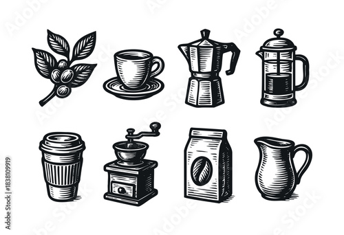 Coffee engraved icons : coffee branch, cup, and other brewing and cafe elements — stock vector.