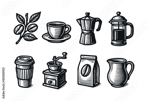 Coffee engraved icons : coffee branch, cup, and other brewing and cafe elements — stock vector.