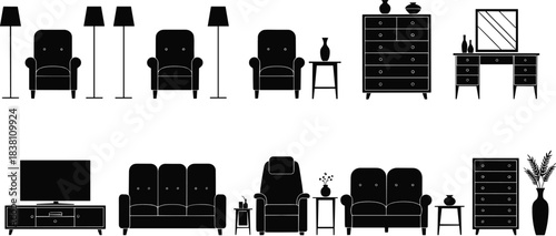 Living room furniture silhouette set with sofas, armchairs, lamps, cabinet, dresser and home decor elements vector