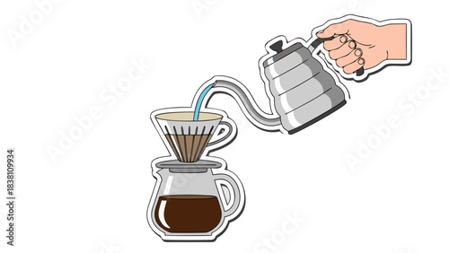 Hand pouring hot water from a gooseneck kettle onto coffee grounds in a paper filter over a glass carafe preparing pour over coffee beverage in a minimalist style with a black background