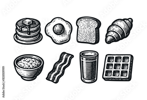 Breakfast food engraved icons : pancakes, fried egg, and other morning meal items — stock vector.