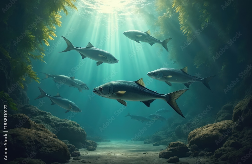 Obraz premium Underwater scene with cobia fish in ocean. Sunlight penetrates water surface. School swims among plants near rocky bottom. Marine fauna in its pure beauty. Generative AI illustration shows wildlife.