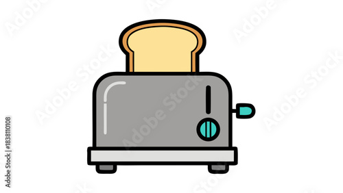 Gray Chrome Toaster With Light Brown Bread Slice Popping Up In A Clean Black Background With A Blue Lever and Circular Control Panel