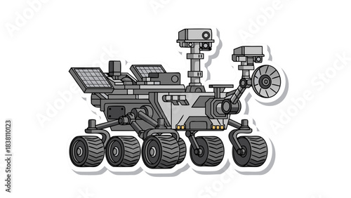Gray robotic exploration rover with six large wheels and solar panels exploring a desolate alien planet under a dark sky with a subtle gray outline a unique science fiction vehicle design with