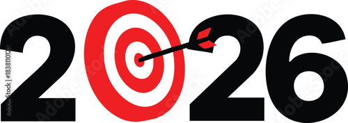 Year 2026 target achieved with dart hitting bullseye representing success and future goals isolated on white