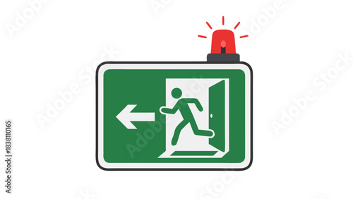 Green And White Emergency Exit Sign With Red Flashing Light And Silhouette Of Person Running Towards Open Door With Arrow Pointing Left On Black Background