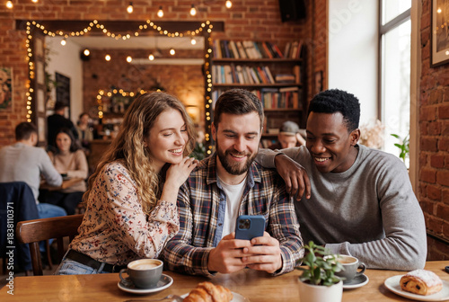 Cheerful friends using mobile phone in cozy cafe