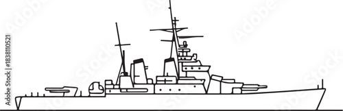 Battleship War, Military and Warfare Hand-drawn Sketch Drawing Vector Illustration, Line Linear Symbol Engraving Coloring Book, Black and White Isolated