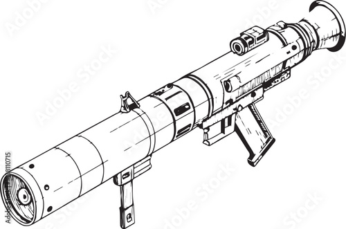 Javelin anti-tank missile launcher, War, Military and Warfare Hand-drawn Sketch Drawing Vector Illustration, Line Linear Symbol Engraving Coloring Book, Black and White Isolated
