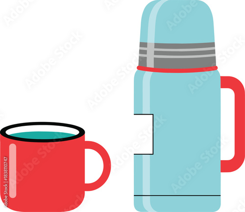 Minimal flat thermos flask and camping mug illustration in modern vector style for outdoor travel concepts