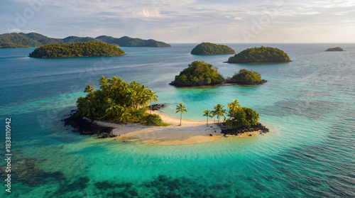 Aerial drone view of small tropical islets in turquoise sea