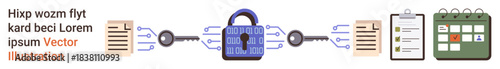 Data security, encryption, file management, information sharing, digital records, data access. Lock symbol connecting files, clipboard and calendar. Data security and encryption concept