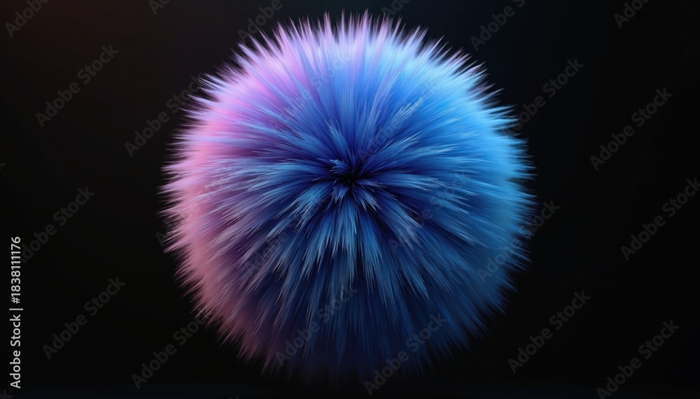 Fototapeta premium Abstract fluffy sphere with blue purple gradient. Futuristic plasma ball, glowing light form. Soft energy orb on black background, digital art.