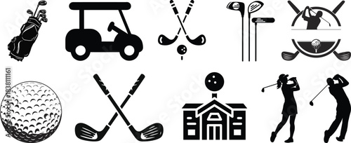Golf club icon set.golf stick for sports apps, websites and design element. Game equipment. Professional sport, classic golf club for official competitions and tournaments. Isolated illustration.
