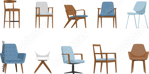 Modern chair furniture collection set with wooden and upholstered designs, minimalist interior seating vector illustration