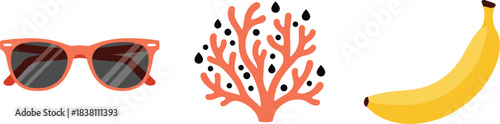 Playful flat summer icons set with sunglasses coral branch and smiling banana in cute vector style