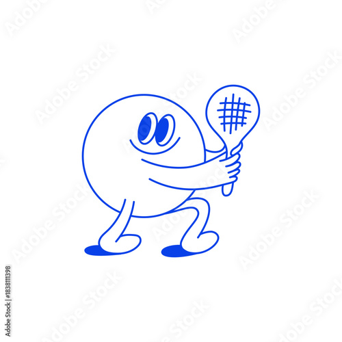 Vector hand drawn mascot illustration, padel tennis sport print and poster ,sticker with funny quirky character, boy holding racket  playing padel for sports club branding