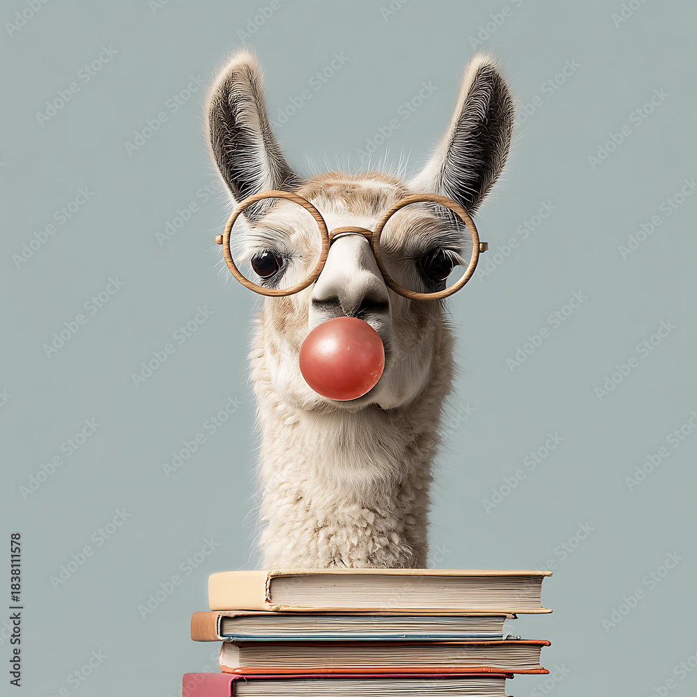 Fototapeta premium Long-necked lama wearing wooden-framed glasses, empty space