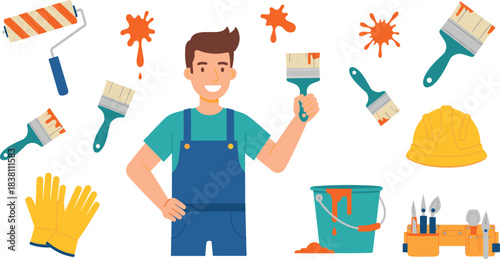 Professional painter character set with tools, brushes, roller, helmet and paint bucket, flat renovation illustration