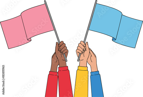 Raised hands holding colorful flags illustration, unity and solidarity concept symbolizing diversity, teamwork, and social support