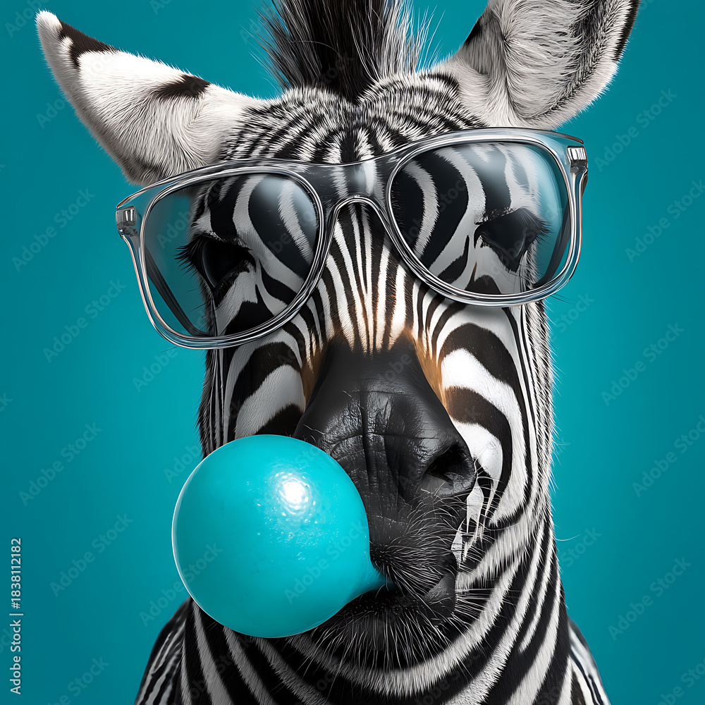 Naklejka premium A stylish zebra wearing glasses is blowing gum