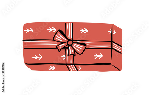 Stylized Festive Christmas Gift Box Doodle. Cute Holiday Present Wrapped with Ribbon and Bow. Outline Hand-Drawn Vector Illustration