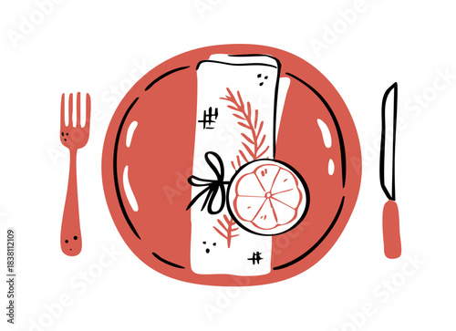 Stylized Festive Dinner Place Setting Doodle. Cute Plate with Napkin, Lemon, Fork, and Knife Illustration. Outline Hand-Drawn Vector Illustration