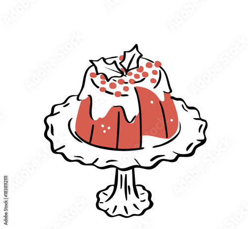 Vintage Inspired Christmas Cake Pudding Doodle. Cute Holiday Dessert on Ornate Serving Plate. Outline Hand-Drawn Vector Illustration