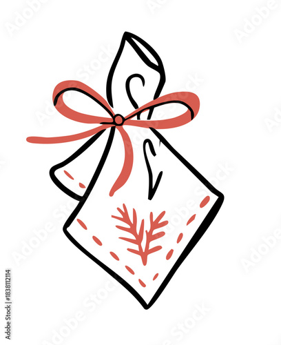 Festive Napkin with Ribbon Bow Doodle. Cute Christmas Table Decoration Accessory Illustration. Outline Hand-Drawn Vector Illustration