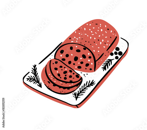 Charming Festive Christmas Bread or Sausage Doodle. Cute Holiday Slices on Serving Platter. Outline Hand-Drawn Vector Illustration
