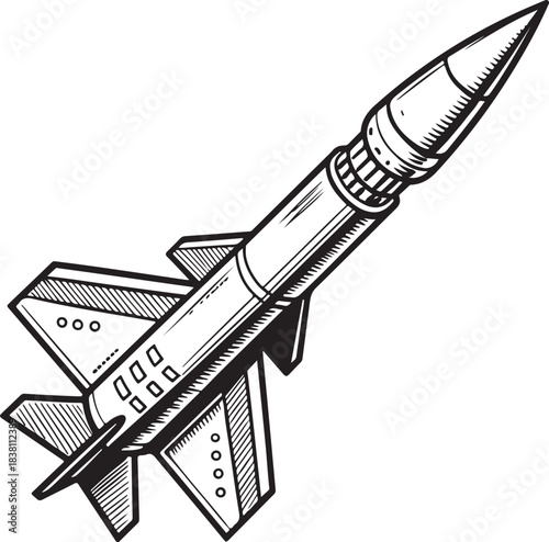 Missile launched War, Military and Warfare Hand-drawn Sketch Drawing Vector Illustration, Line Linear Symbol Engraving Coloring Book, Black and White Isolated