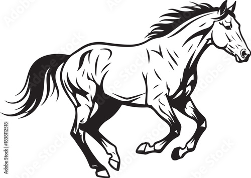 Black and white drawing of a horse running Keywords: horse, running, galloping, stallion, mare