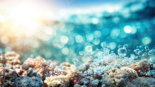 Fototapeta Naklejka Na Ścianę i Meble -  Bubbles rise from coral in clear blue water during bright sunlight