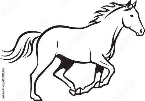 Black and white illustration of a galloping horse running