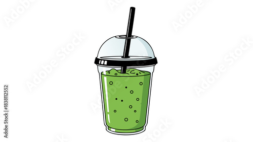 Healthy Green Smoothie Drink in a Clear Plastic Cup with Straw and Lid Against a Black Background Simple Vector Illustration