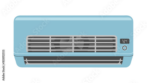 Light Blue Air Conditioner Unit Mounted on Wall With Digital Display Showing Temperature Inside a Room