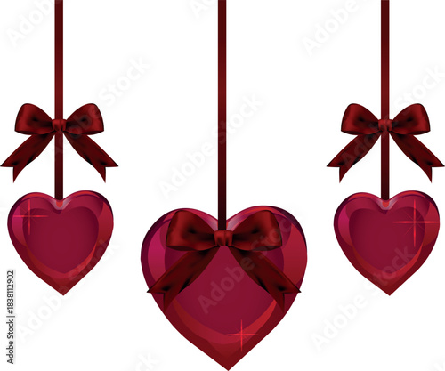 Hanging Red Glass Hearts with Ribbons
