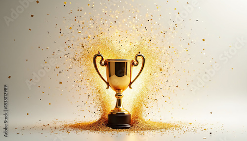 Golden trophy with swirling confetti explosion on white background