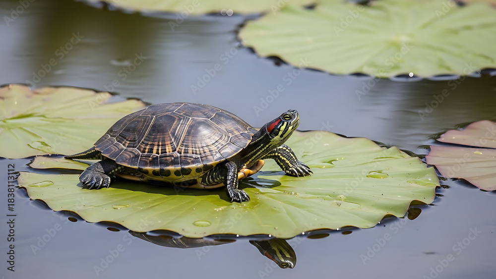 Obraz premium A red-eared slider turtle rests on a vibrant green lily pad floating on a clear pond's surface, basking in the sunlight