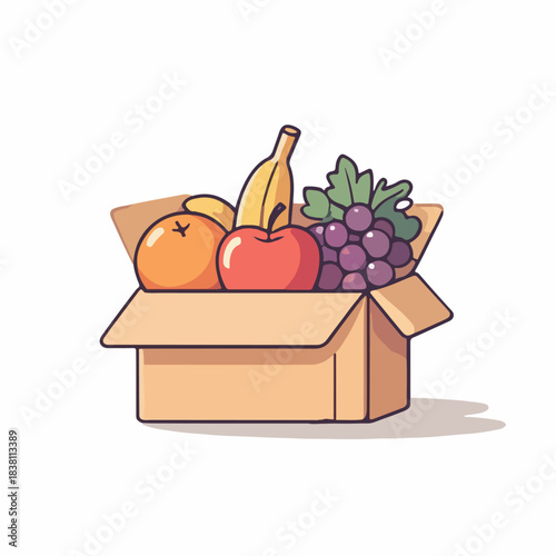 Cartoon illustration of fruit in a cardboard box