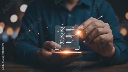 Person using stylus to check items on digital checklist on smartphone screen to do list task