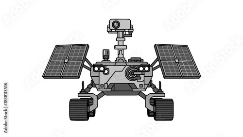 Monochromatic Robotic Rover with Solar Panels Extended Against a Black Background Illustration