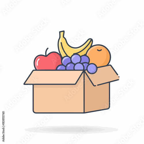 Cartoon illustration of fruit in a cardboard box